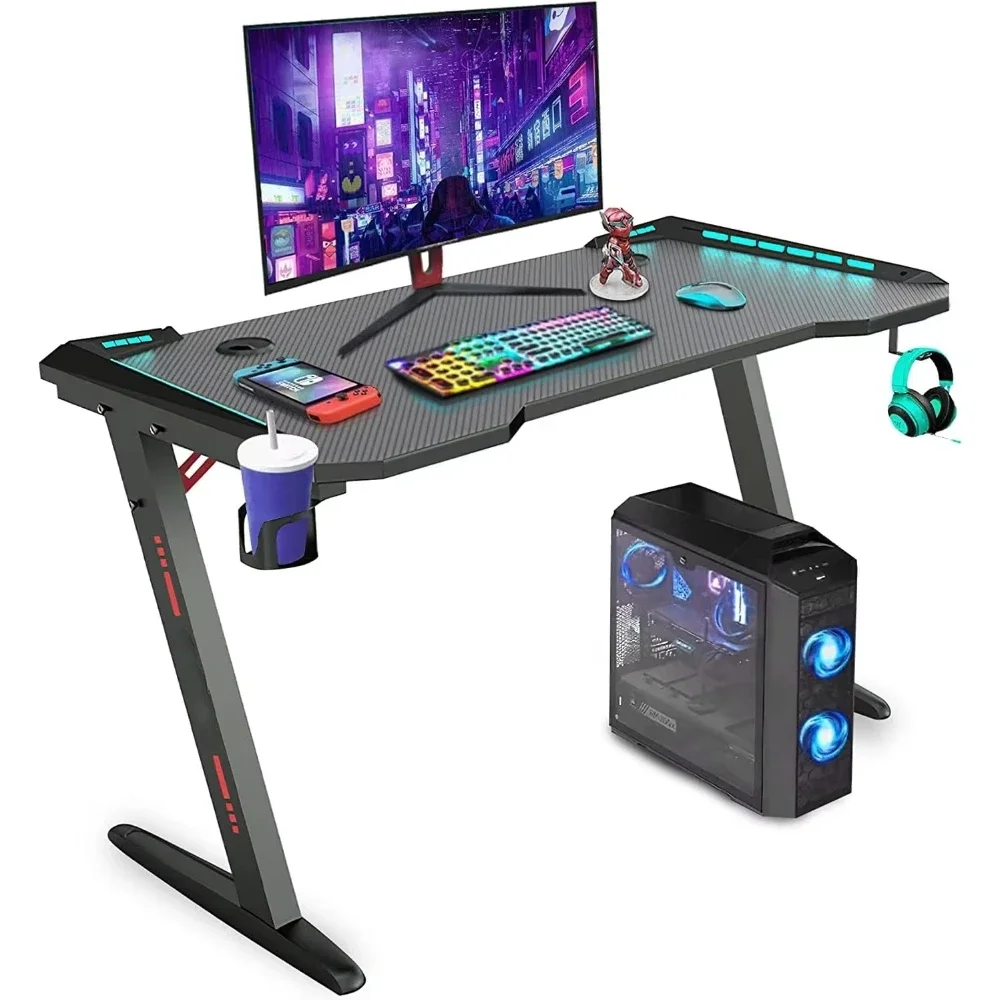 Custom Picture Black Large Gaming Desk with RGB LED Lights Carbon Fiber Desktop Computer Game Desk Table for Gamer