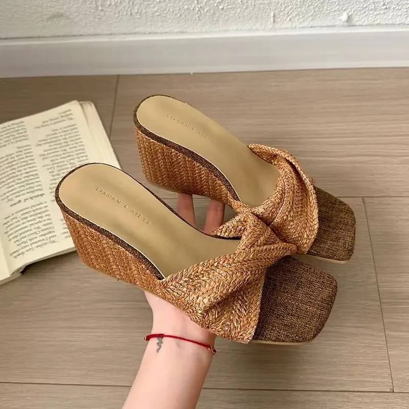 

French Elegant Wedge Slides Sandals Ladies Square Toe Woven Knotted Detail Slip On Shoes Women High Heel Open Mule Sandal Woman