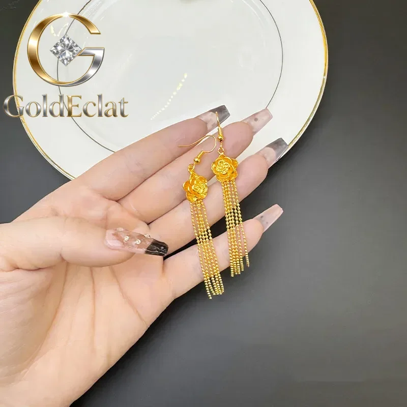 

GoldEclat Luxury 24K 9999 Pure Gold real gold Women's Rose Tassel Earrings