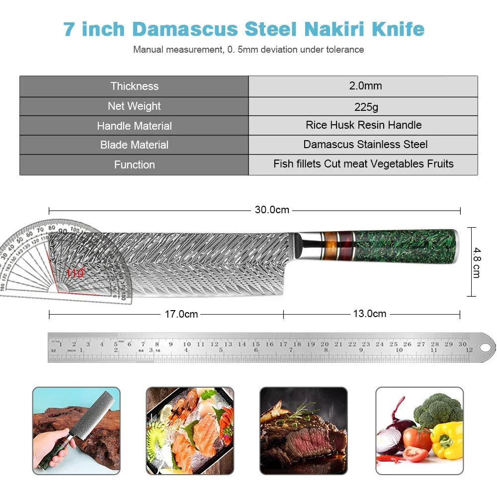 Professional 7 Inch Nakiri Knife,Japanese Damascus Steel Ultra Kitchen Knives Sharp Vegetables Knife with Rice Husk Resin Handle
