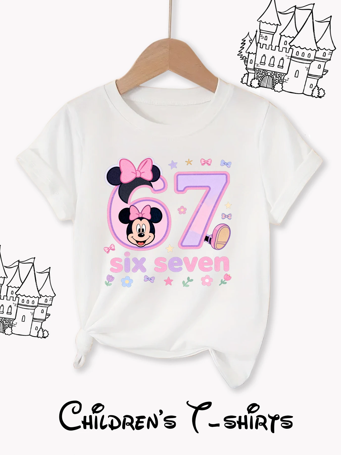 تي شيرت أطفال كاجوال متعدد الاستخدامات برقبة دائرية من Disney Fashion مع 69 ونمط ميني لطيف، مثالي للارتداء اليومي، هدية لطيفة