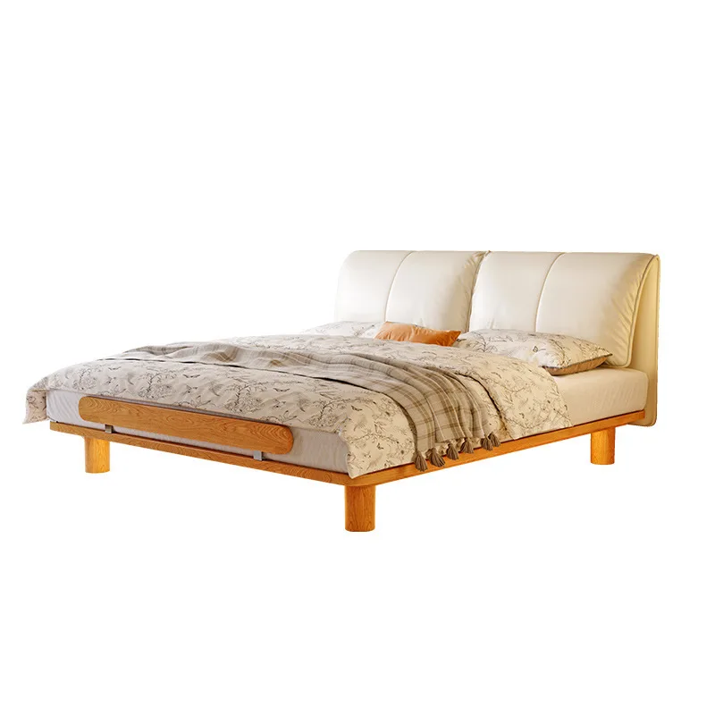 

Elephant ear bed full, solid wood Japanese cream style, double bed small apartment medieval soft bag, master bedroom leather bed