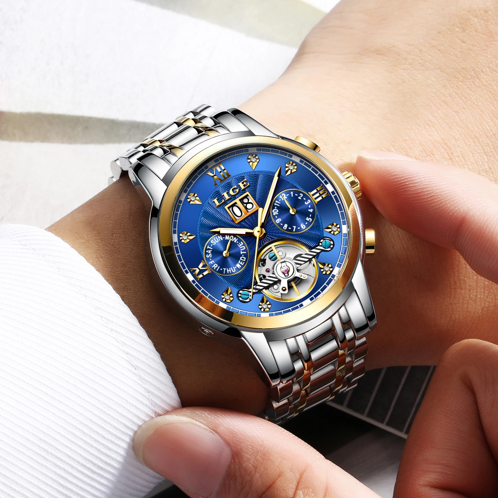 

LIGE Mystery + Box мужские механические наручные часы модные деловые часы мужские водонепроницаемые светящиеся кварцевые мужские автоматические часы с датой