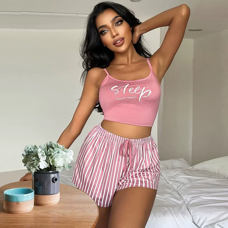 

Women's New Pajama Suspender Solid Color Top Plaid Shorts Two-piece Set of Home Wear Women Cotton Pajamas