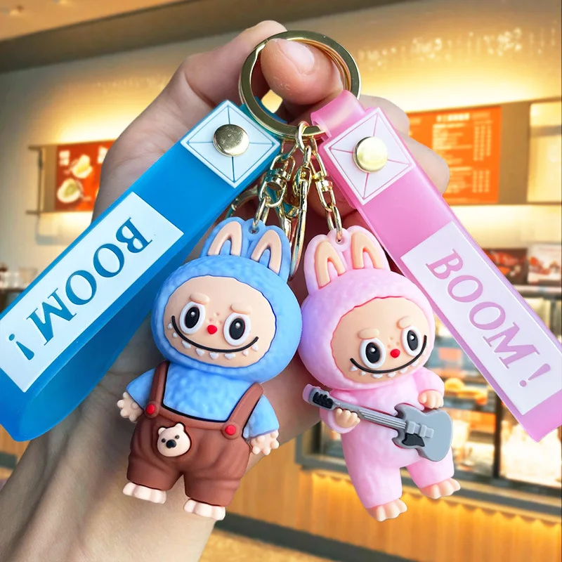 Kawaii Labubu Anime Overalls Series Cartoon Epoxy Keychain Girl Going Out Bag Charm Give Gifts To Girlfriend