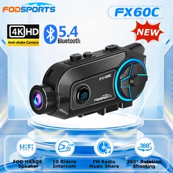 Fodsports FX60C Motorcycle Intercom Bluetooth 5.4 Helmet Headset, 4K HD Anti-shake Camera Dash Cam Moto Interphone,10 Riders,FM