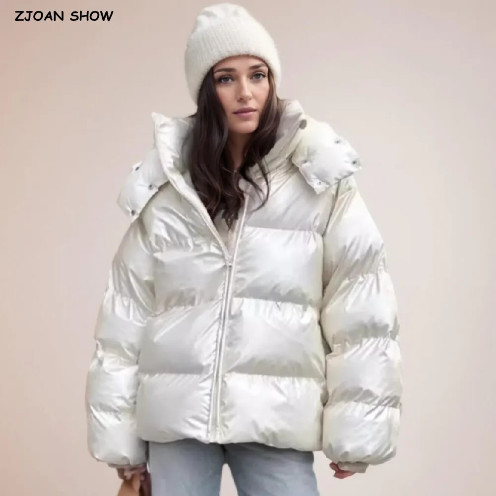 

New Winter Fashion Women Bright Pearl white Zipper up Bread Parka Coat for Woman Removable Hooded Long Sleeve Outerwear