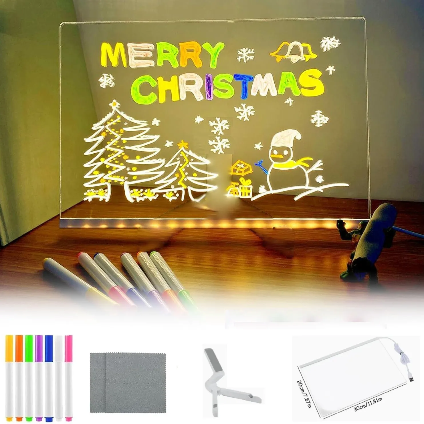 Light Up Acrylic Message Board Rewritable DIY Children's Glowing Drawing Board Message Lamp With 7 Colorful Pens