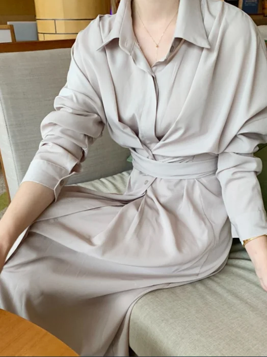 우아한 긴 소매 셔츠 드레스 여성용 크로스 타이 디자인 시크한 가을 드레스 출퇴근 스타일 순수 전자 상거래 판매 중국산