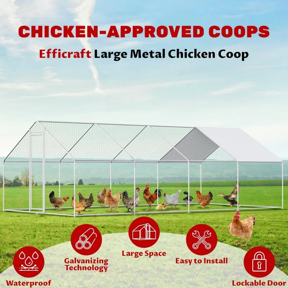 4 Unit Large Metal Chicken Coop Walk-in Poultry Cage Chicken Run Pen Rabbit Duck House with Waterproof and Anti-UV Cover