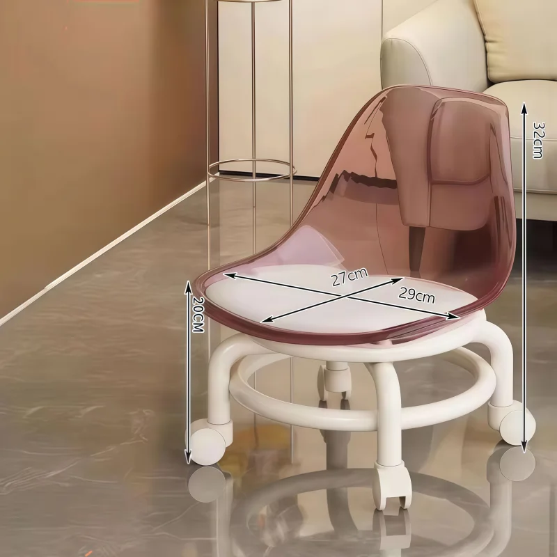 High Quality Durable Acrylic Short Stool with Wheels Low Backrest Swivel Casters Transparent Mobile Seat for Home Office Use Set