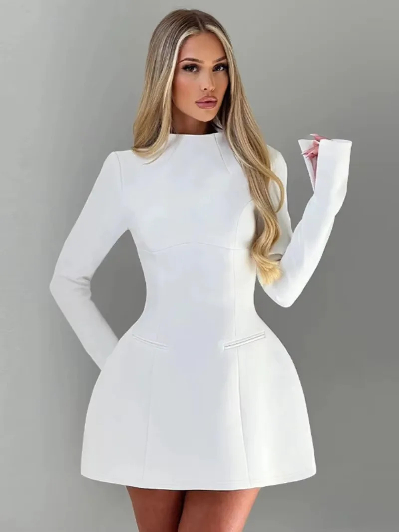 レディース 2025 長袖ハイウエスト A ライン固体ブレザードレス白黒オフィスレディチュニック背中の開いたジップアップショートパーティードレス