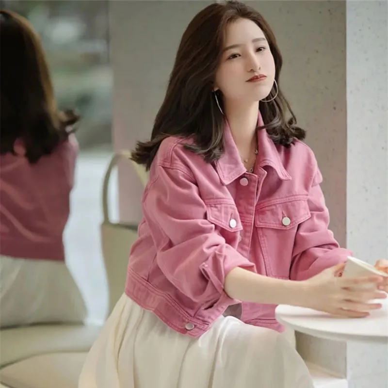 Giacca di jeans da donna a maniche lunghe primavera autunno moda coreana da donna tinta unita jeans corti capispalla cappotto da cowboy per il tempo libero femminile