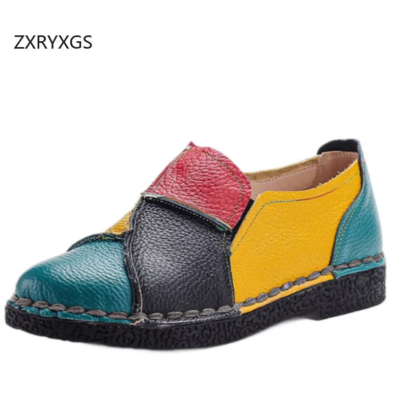 ZXRYXGS Promotion 2026 New Trendy Genuine Leather Shoes Splicing and Color Blocking Women Flats Comfortable Fashion Casual Shoes