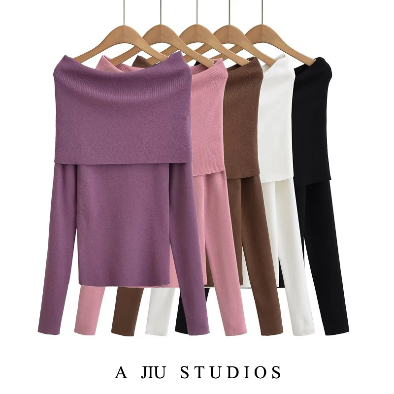 เสื้อไหมพรมแขนยาวเปิดไหล่ทรงเข้ารูปสำหรับผู้หญิง สไตล์วินเทจลำลอง ดีไซน์เปิดไหล่ข้างเดียว ให้ความรู้สึกอ่อนโยน