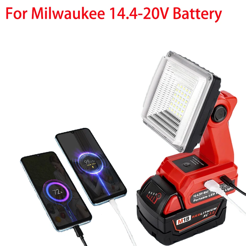 

Rechargeable Camping Light for Milwaukee 18V Lithium Batteries Portable LED Work Light with USB Port for Work Sites Emergencies