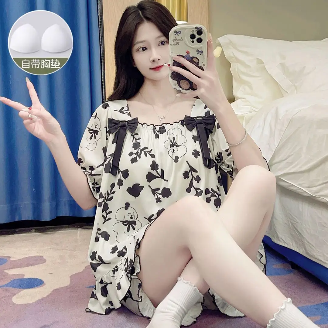 

Комплект пижам большого размера для женщин: летний домашний костюм из ледяного шелка с короткими рукавами и шортами, свободная домашняя одежда в корейском стиле с принтом