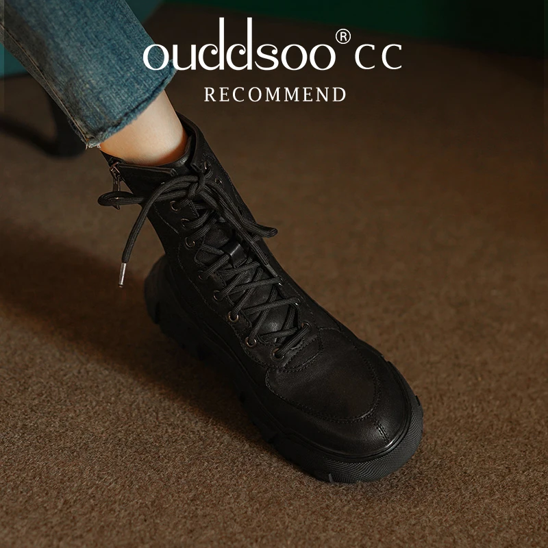 Ods Women Boots Soft Women's Short Lace-Up Shoes Woman Flat Ankle Boots Black Round Toe Ladies Shoes Platform Female Footwear