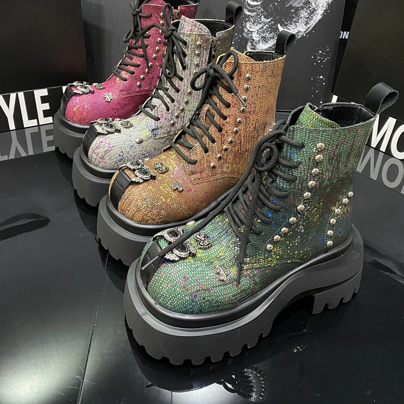 Y2K Shoes for Girls Designer Luxury Boots 2025 Woman Metal Rivets Heightening Fashion Motorcycle Boots Personality Women Shoe