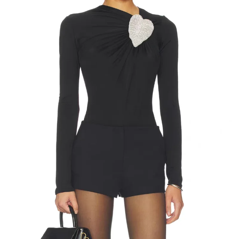 Autumn New Women's Round Neck Rhinestone Long Sleeve Bodysuit, High-Quality Silk Viscose Fiber Elastic Slim Fit Base Layer Top