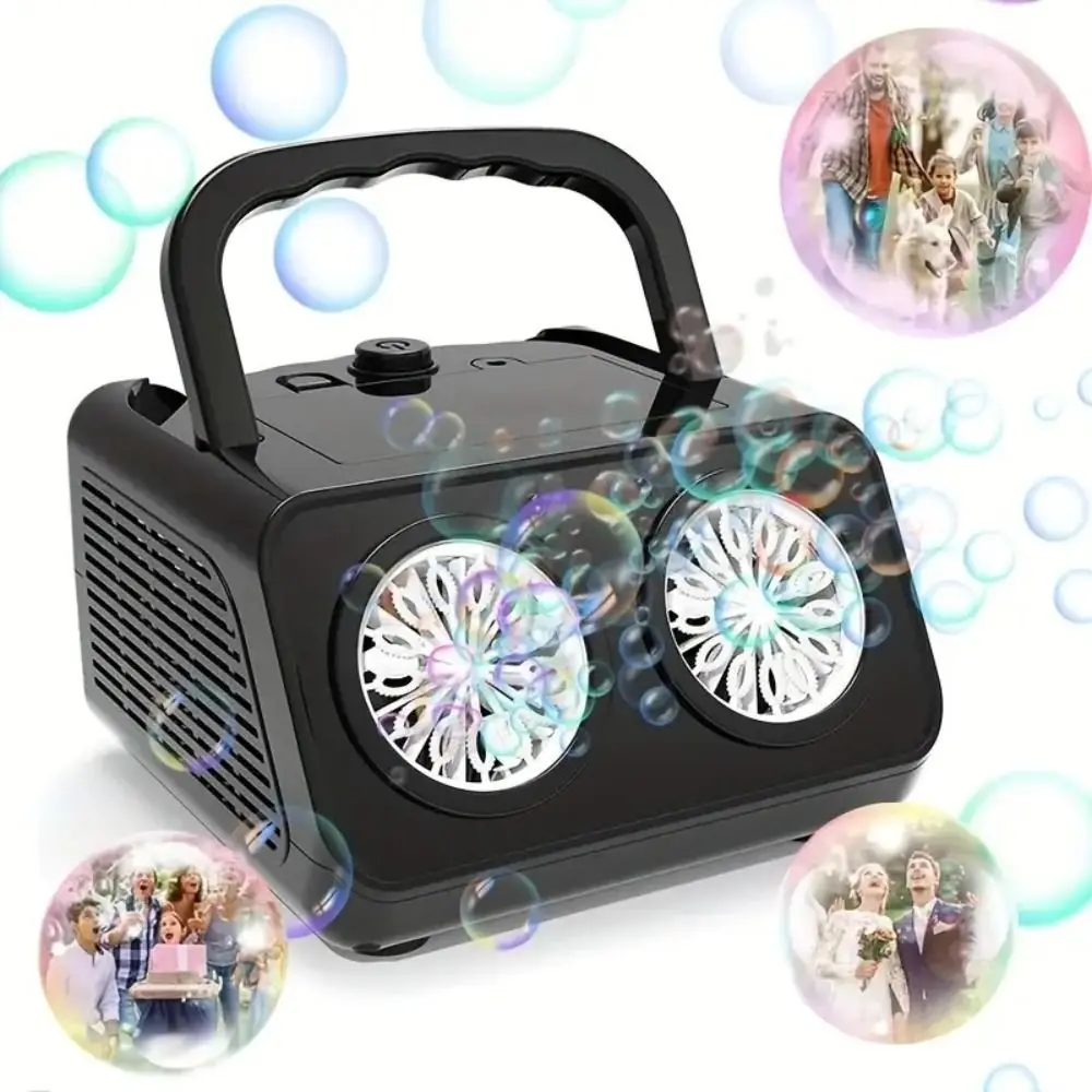 Máquina de bolhas totalmente automática com 2 ventiladores, 26 furos, soprador de bolhas elétrico, brinquedos, multi furos, portátil