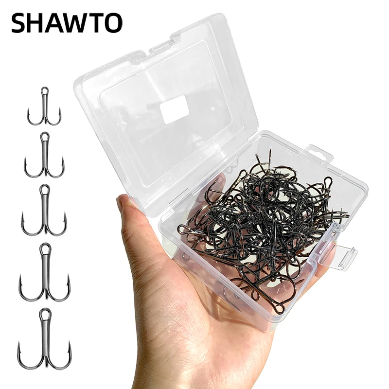 

Shawto 50Pcs Treble Fishing Hooks Kit 2/0# 6/8/10/16# High Carbon Steel Super Sharp Barbed for Lures Bass Saltwater Freshwater