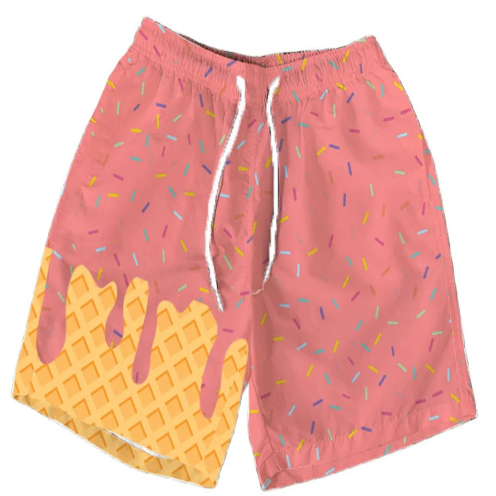 

Summer Printed Casual Shorts with Multi-color Waffle Ice Cream Design Beach Pants Fashionable Quick Drying Shorts Motorcycle