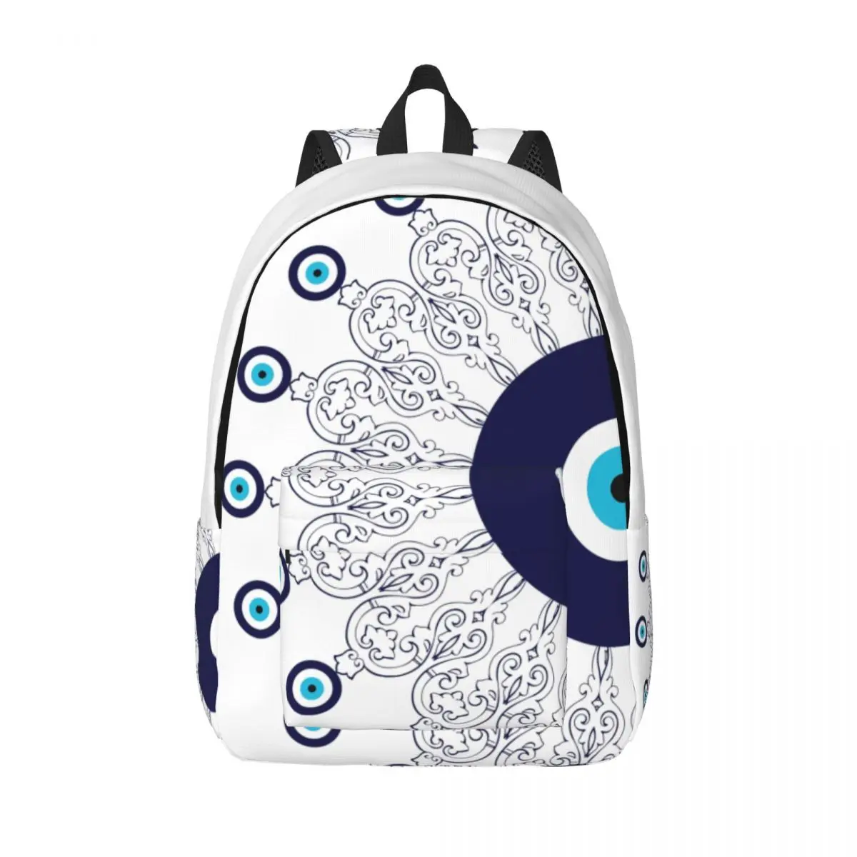 Navy Blue White Mediterranean Evil Eye Mandala Canvas Backpack Water Resistant College School Bohemian Boho Bag Print Bookbags