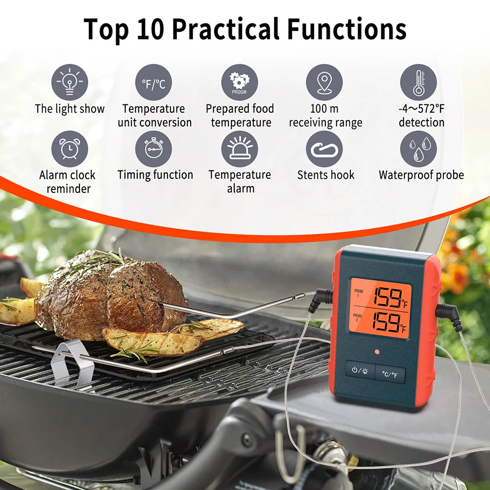 Wireless Meat Thermometer with 2 Propes for Grilling Kitchen Food Cooking Digital Thermometer for Smoker Oven Outside Grill BBQ