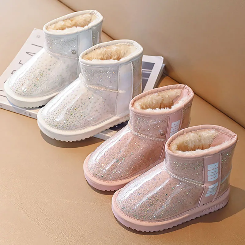 Korean Style Snow Boots For Girls PU Leather Thick Warm Children's Plush Boots PU Leather Teenager Kid's Faux Fur Boots