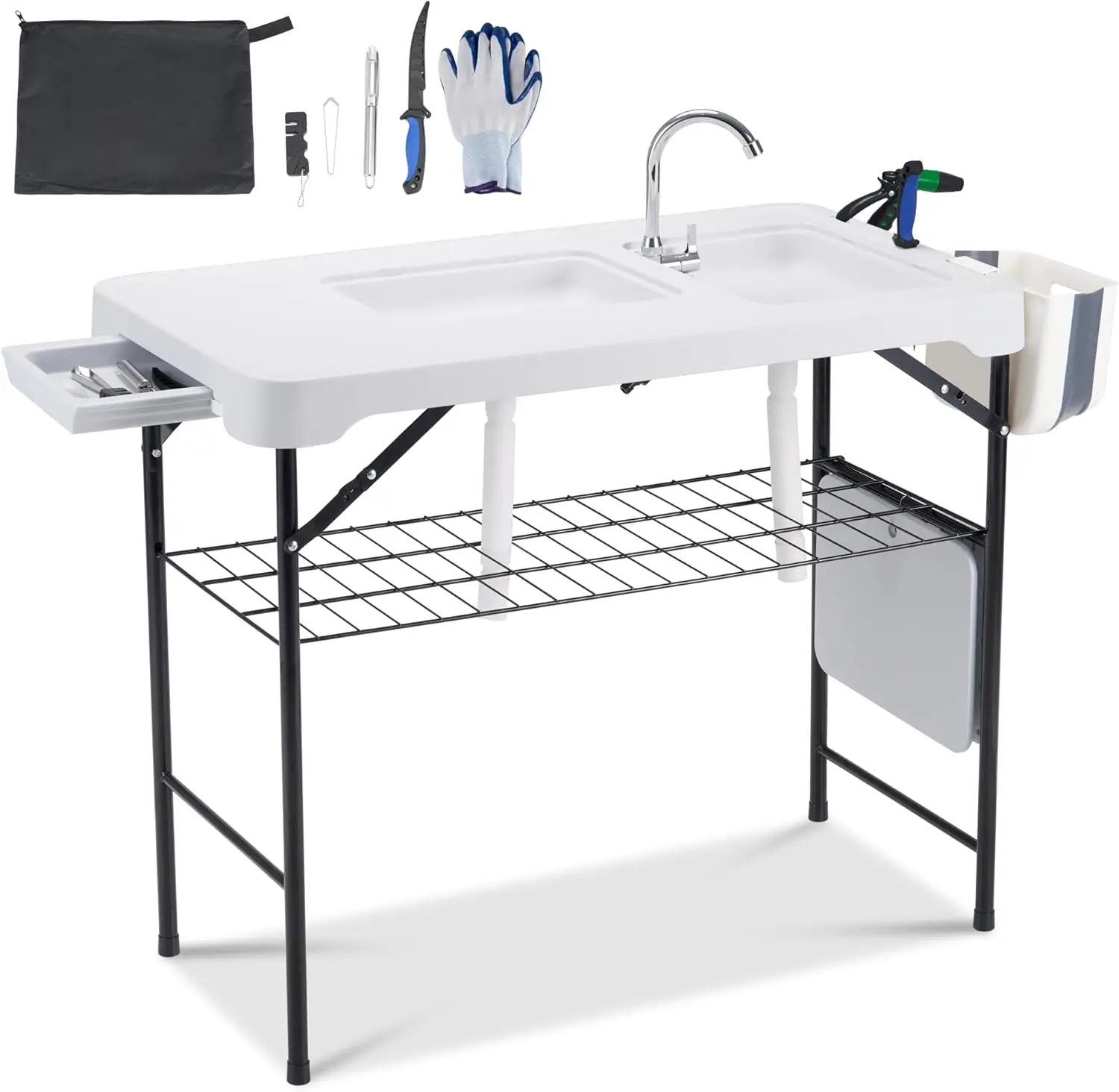 

42'' Outdoor Fish Cleaning Table Portable Camping Sink Station with Double Sinks Collapsible Swivel Faucet Picnic Sink Table for