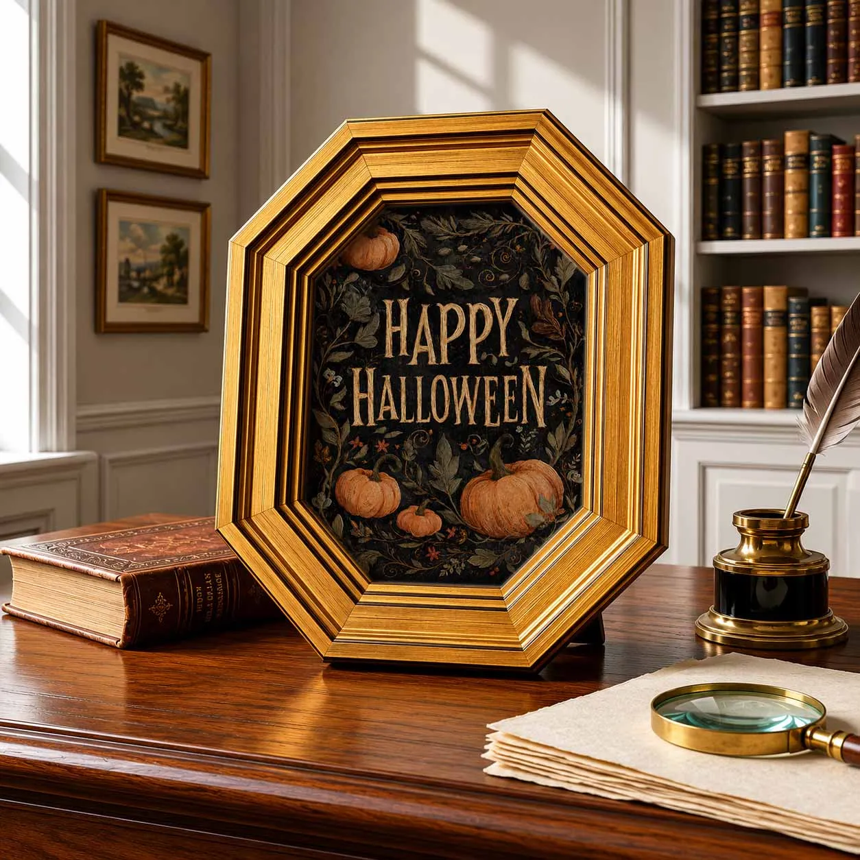 Octagonal Vintage Gold Framed Halloween Canvas Sign,Happy Halloween Pumpkin Floral Print,2-in-1 Wall&Tabletop Fall Holiday Decor