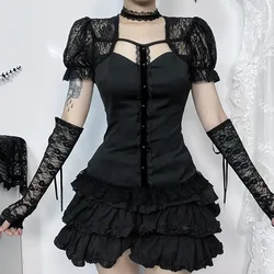 2024 New Vintage Fairycore Lace Patchwork Puff Sleeve Tees Women Elegant Blouse Sexy Hollow Out Slim Tops Gothic Techwear Cloth