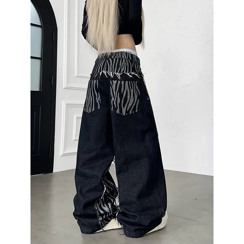 ZHIZOU Women Black Y2k Cargo Jeans Vintage Hiphop Baggy Denim Trousers American style Splicing Jeans Pants Wide Leg Denim Pants
