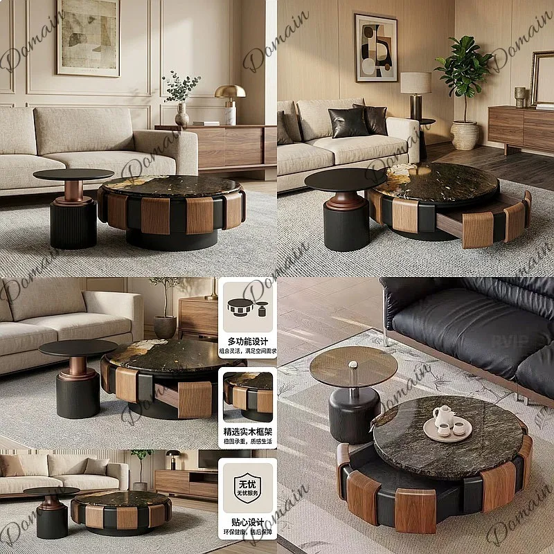 Mid-Century Italian Luxury Round Natural Marble Coffee Table, Solid Wood, Small Space Living Room