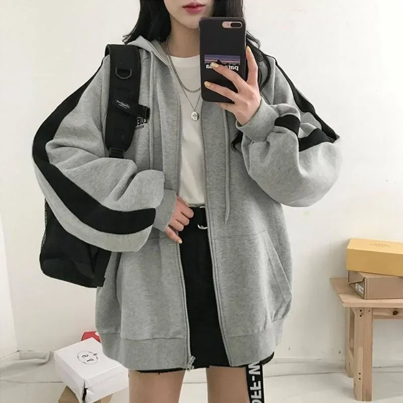 Sweatshirt bertudung wanita, Atasan pakaian jalanan wanita saku longgar kasual Korea Zip atas tali serut Harajuku Y2K musim gugur