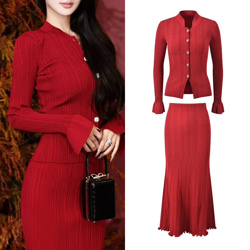 

Red Stand Collar Women's Stretch Sweater Top Long Flared Sleeve Rhinestone Buttons or Pleated Midi Trumpet Skirt