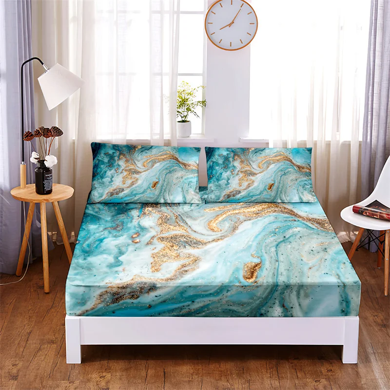 

3pc Polyester Blue Marble Texture Bedding Fitted Sheet Mattress Cover Four Corners with Elastic Band Non Slip Double Bed Sheet