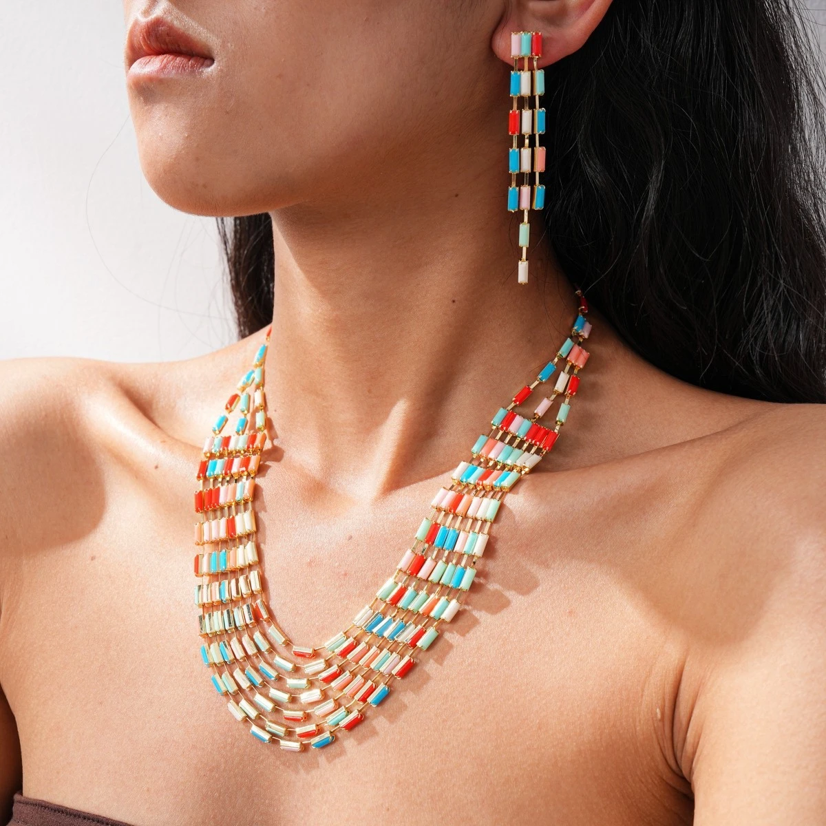 

2 Pcs Bohemian Multilayer Colorful Resin Beaded Necklaces for Women Trendy Boho Tassel Drop Earrings Retro Vacation Jewelry Sets