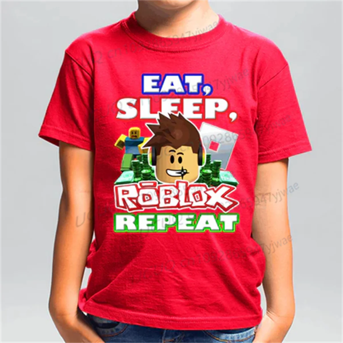 Roblox Gamer Shirt Eat Sleep Roblox Repeat Graphic Printed Short Sleeve Boys Girls T-shirt O-Neck Adult Cotton T-shirt