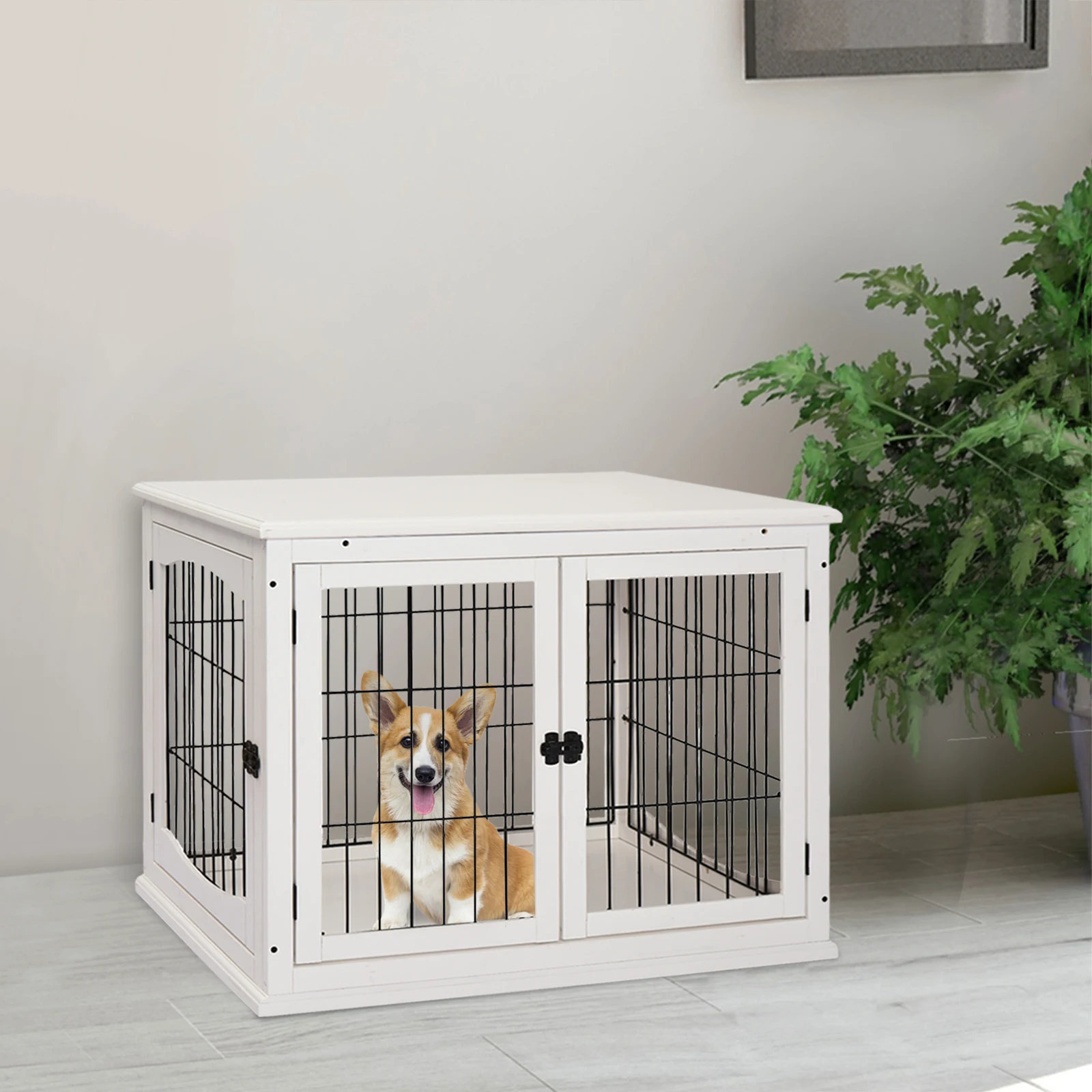 PawHut cage dogs wood with table surface 2 doors 81x58,5x66 cm White