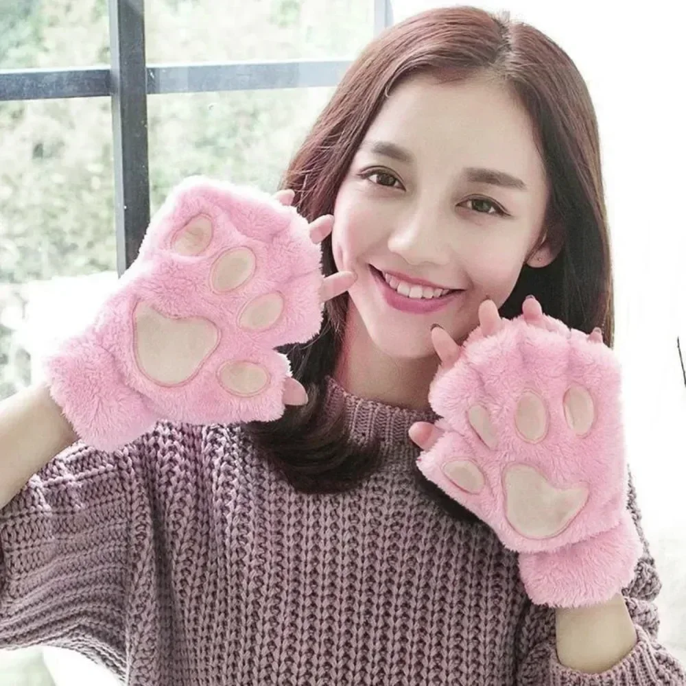 Kawaii Women Cat Gloves Fashion Girls Cat Claw Paw Plush Mittens Warm Soft Plush Short Fingerless Half Finger Winter Gloves