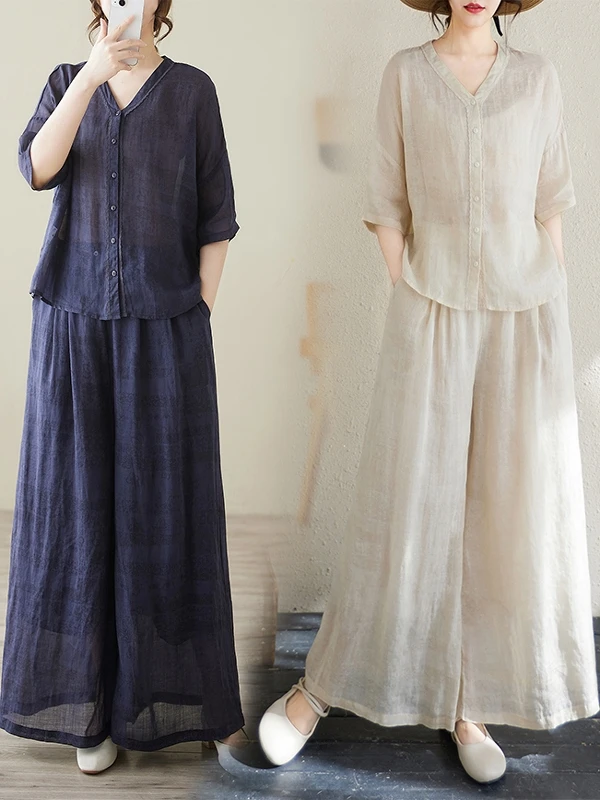 

Summer New plus Size Women's Faion Artistic Linen irt Wide Leg Pants Two Piece Set Anti Aging Trendy Ensemble