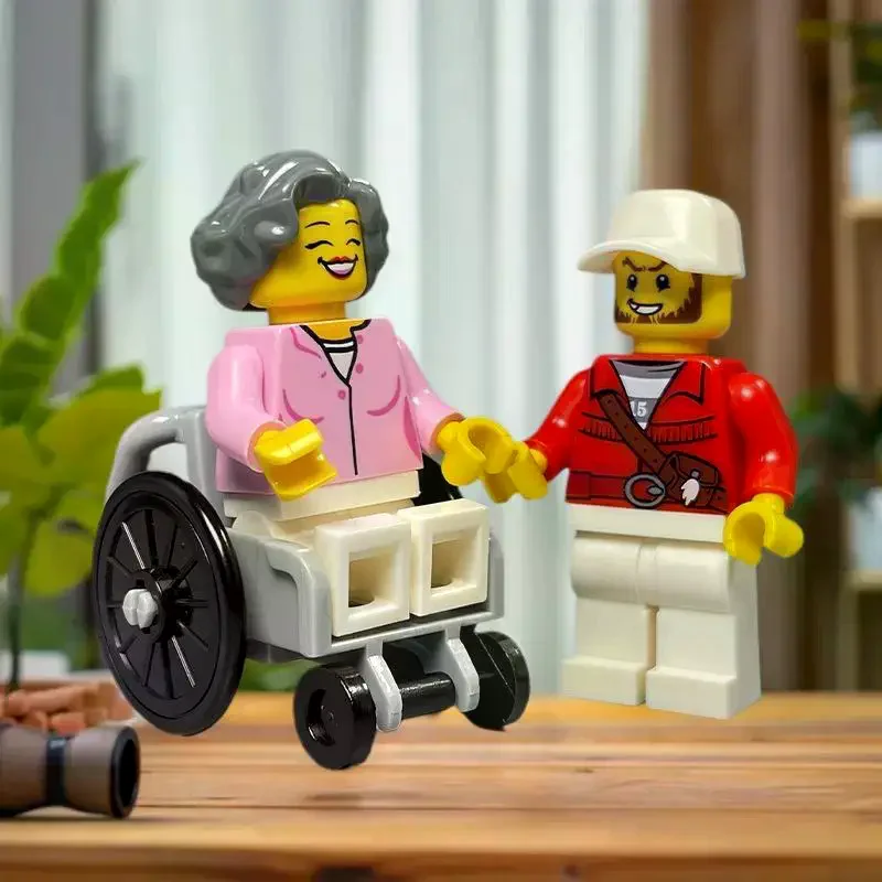Conjunto de blocos de construção de 2 peças para crianças, brinquedos moc de carrinho de mão para cadeira de rodas, tijolos educacionais, itens para presente de figura de auxílio à mobilidade