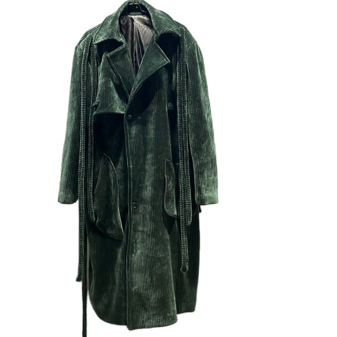 Over knee long autumn and winter 2023 loose dark green Corduroy overcoat thickened woolen coat wide version