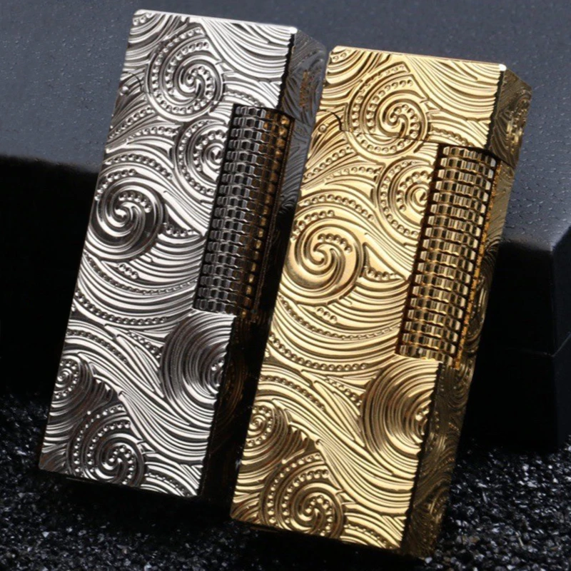 2024 New Luxury Brass Lighter With Side Sliding Gold Carving European Classical Grinding Wheel Ignition Lighter