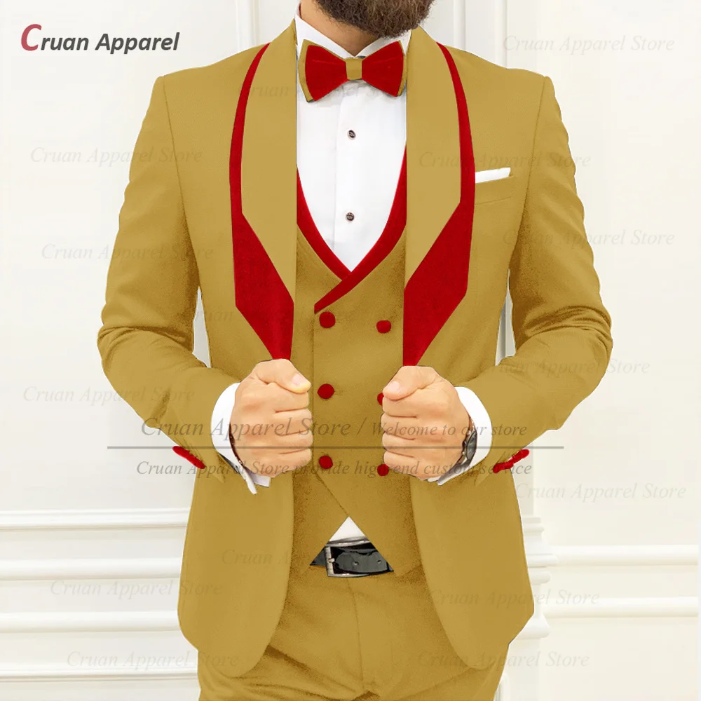 Fashion Men White Suit Slim Fit Formal Wedding Mens Tuxedo Tailor-made Homecoming Red Velvet Lapel Blazer Vest Pants 3 Piece Set