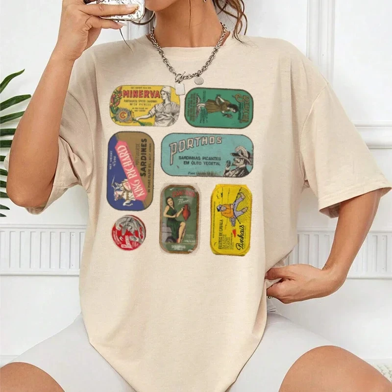 Fun Aesthetic Gourmet T-shirt Women's Vintage Canned Sardines Cute Seafood Graphic T-Shirt Unisex Summer Loose Retro Top