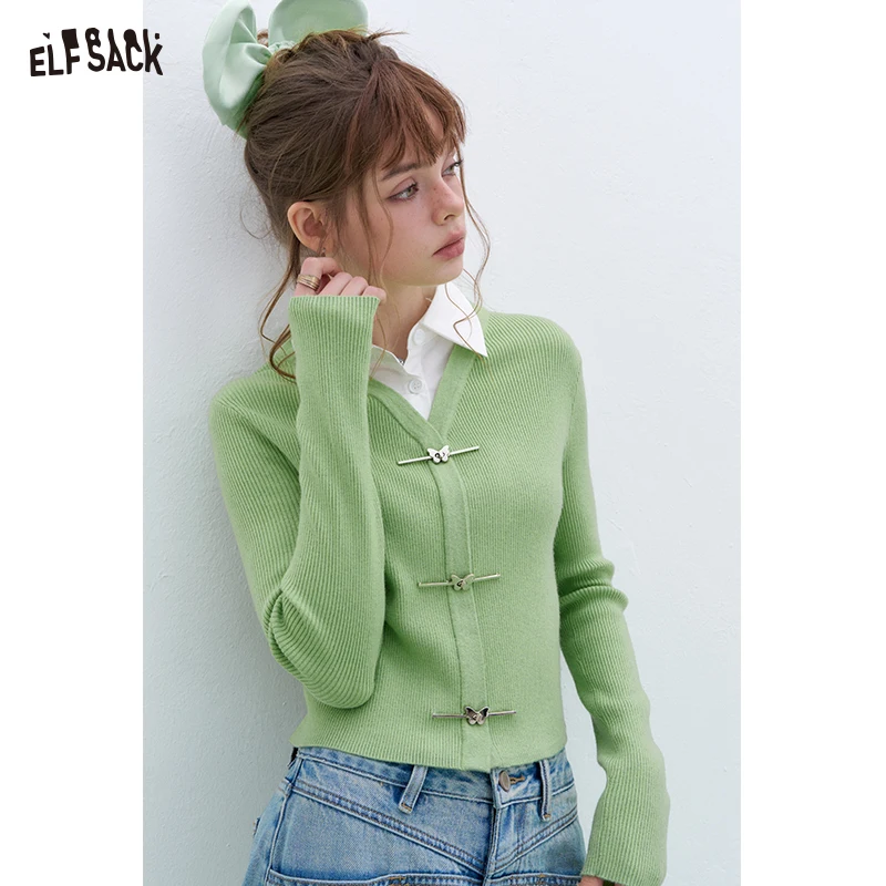 

ELFSACK 2025 Spring New Arrivals Fake two-piece shirt lapel patchwork sweater pullover women's long-sleeved short sweet Korean t