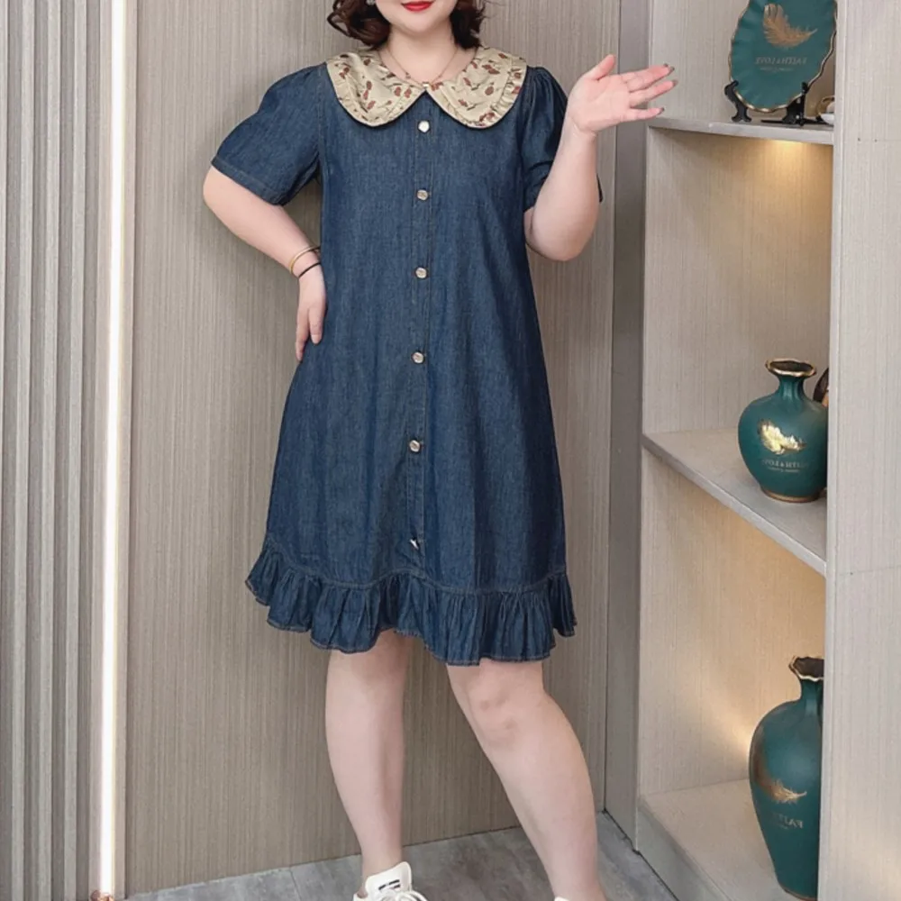 French Temperament Peter Pan Collar Short Sleeve Dress Women's Summer New Plus Size Thin Lyocell Denim Straight Dress